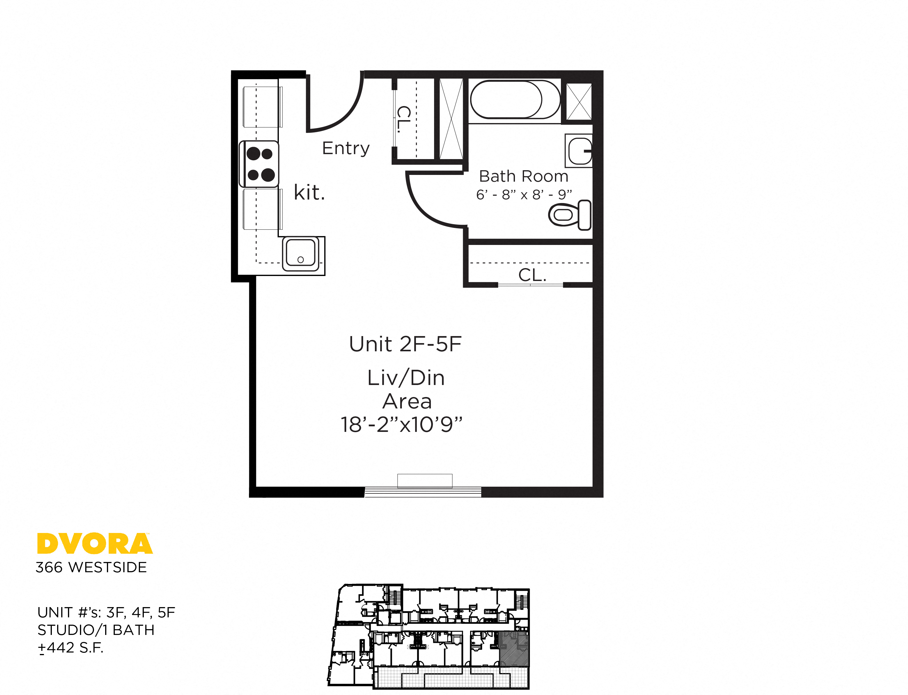 Floor plan for studio, 1 bath, 442 sqft